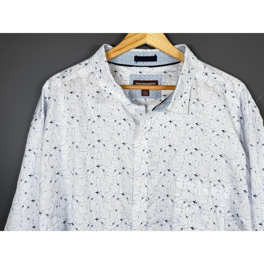Johnston & Murphy Mens XXXL White Blue Airplane Flight Path Cotton Button Shirt